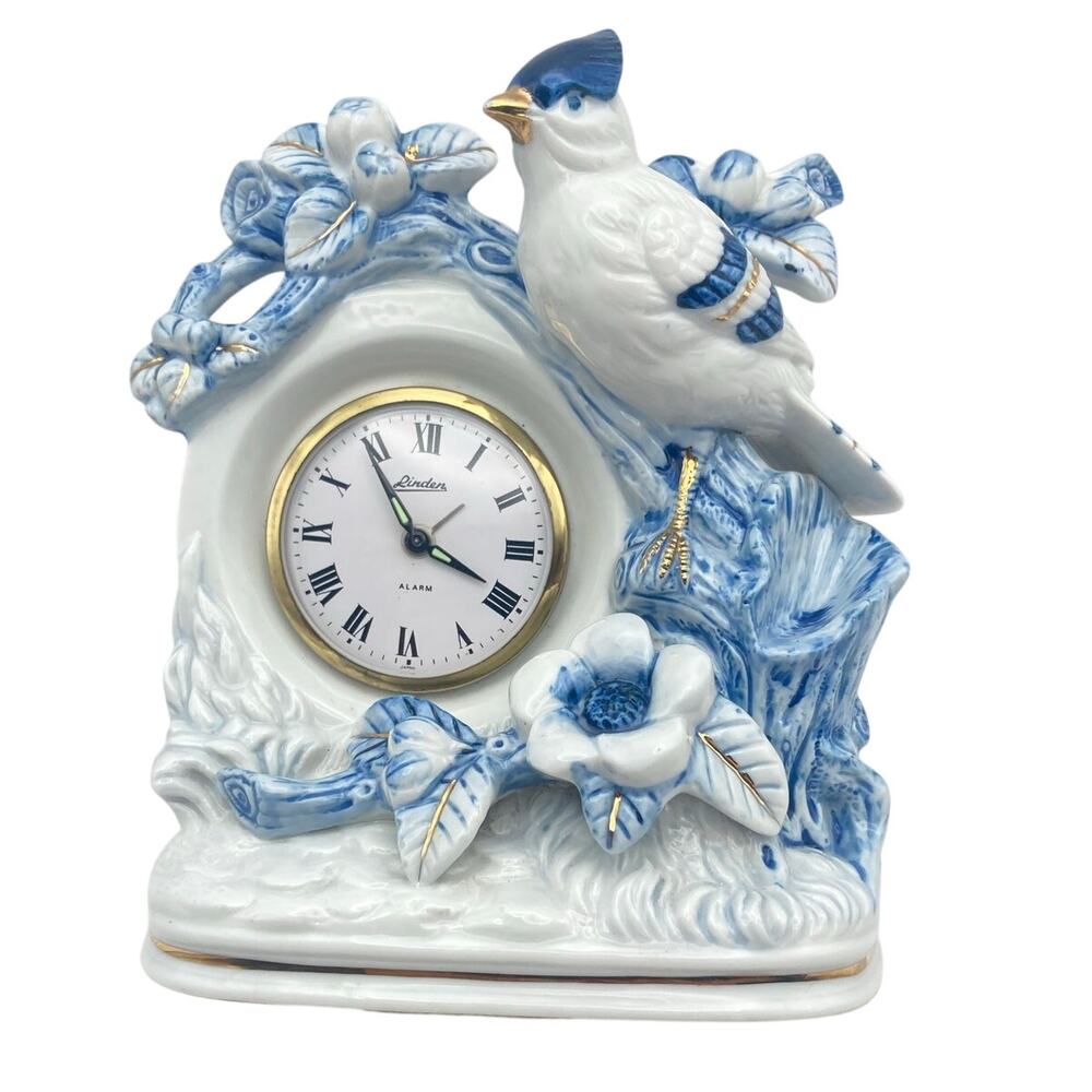 Vintage Linden Mechanical Mantle Alarm Clock Porcelain Blue Jay Gold Accents